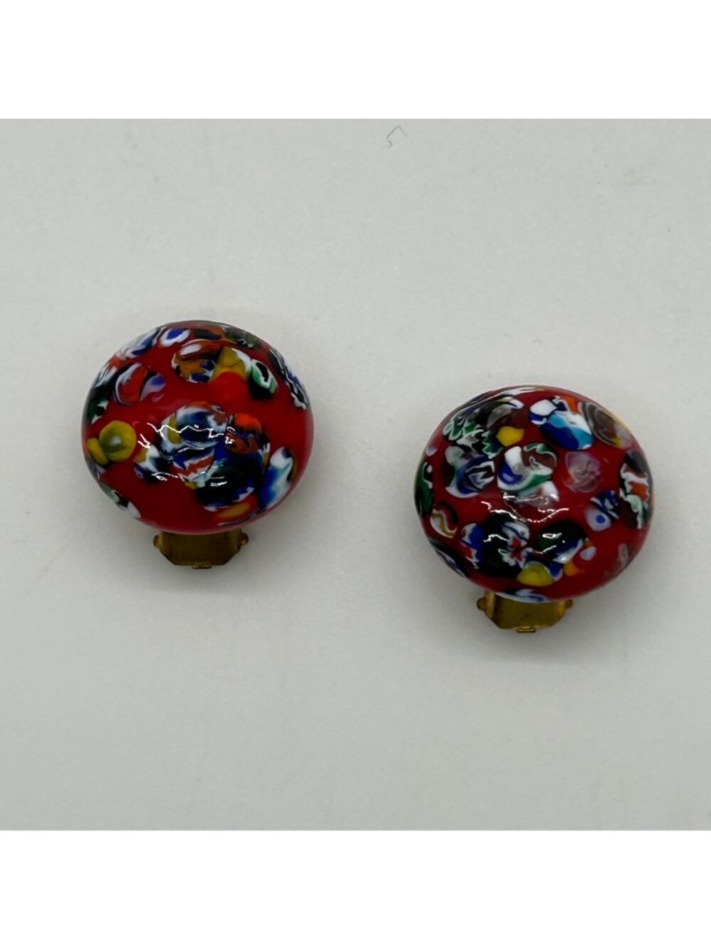 Millefiori Glass Clip-On Earrings Red Dome Multi-Color Mosaic Vintage - Picture 3 of 16